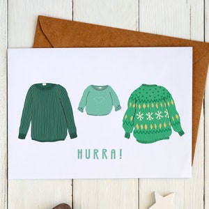 Biglietto di congratulazioni per bambino "Evviva" maglione illustrazione - bambino - biglietto di nascita - ragazzo o ragazza di genere neutro autunno, inverno