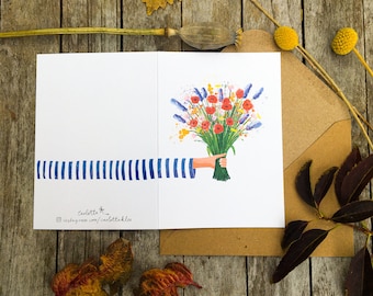 Cute Greeting Card Flowers "Striped Shirt" Illustration - Birthday - Mother's Day - Valentine's Day - Wedding - Recycled Paper