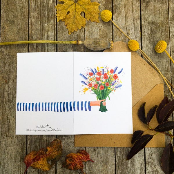 Cute Greeting Card Flowers "Striped Shirt" Illustration - Birthday - Mother's Day - Valentine's Day - Wedding - Recycled Paper