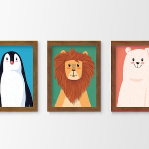 Juego de arte de pared de 3 conjunto León Oso Ping - A4 para niños y niñas decoración de pared, impresión de arte, cartel de niños, decoración de la guardería, cartel