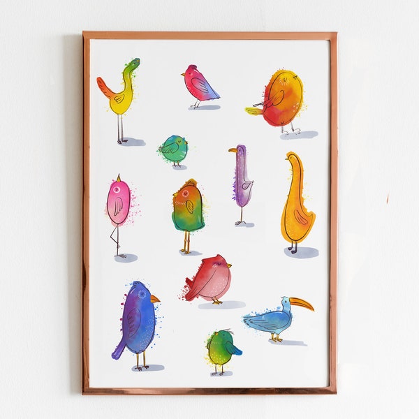 Paradise Birds - Aquarelle Print Illustration A4 pour les garçons de pépinière - Décor de mur de filles, impression d'art, affiche d'enfants, décor de pépinière