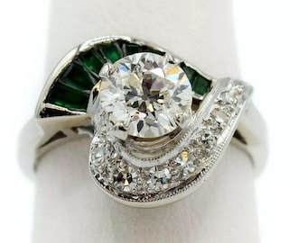 Antique 14k White Gold Art Deco Diamond And Emerald Swirl Ring