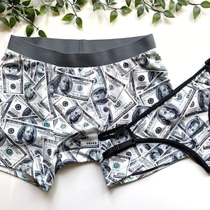 Couple briefs set with 100 dollar bill print, Hot cotton underwear for him and her, Couple matching accessories, Gift for couple anniversary