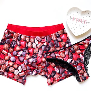 Matching couple underwear, Bachelorette party gift, Underwear with chocolate print for him and her, Red briefs, Cotton underwear for couple image 1