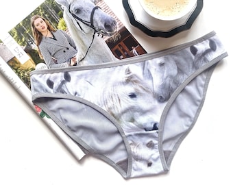 Horse print panties, Cute cotton briefs for her, Unique horse print underwear, Great gift for sister in law, Sheer panties with white horses