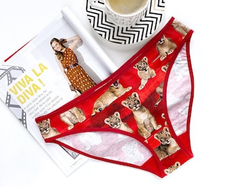 Hipster panties for a woman, Cotton underwear for her with lion print, Red lingerie with animal print, Sexy and comfy handmade underwear