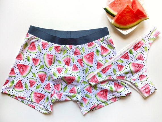 Couple briefs set with watermelon print, Cotton underwear for him and her,  Couple matching accessories Beautiful gift for couple anniversary