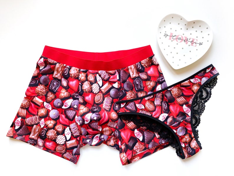 Matching couple underwear, Bachelorette party gift, Underwear with chocolate print for him and her, Red briefs, Cotton underwear for couple image 1