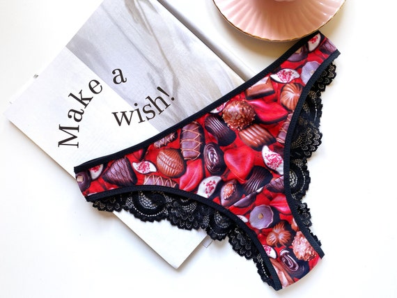 Tanga Panty With Chocolate Print, Red Cotton Panties With