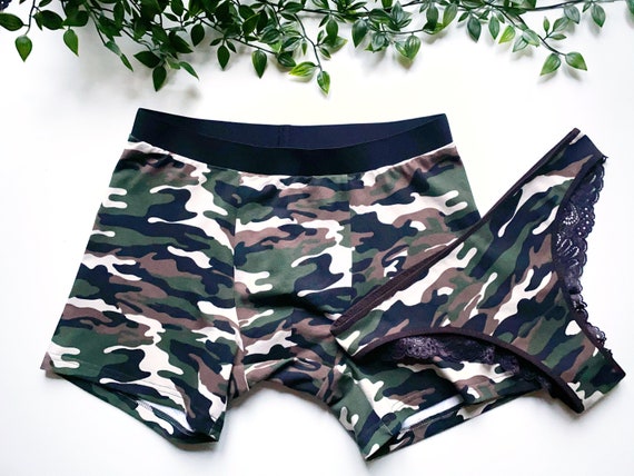 Couple Briefs Set With Military Print, Khaki Cotton Underwear