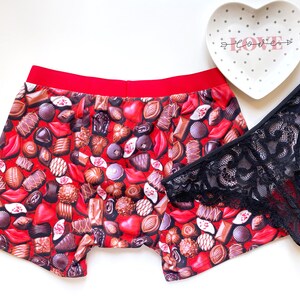 Matching couple underwear, Bachelorette party gift, Underwear with chocolate print for him and her, Red briefs, Cotton underwear for couple image 7