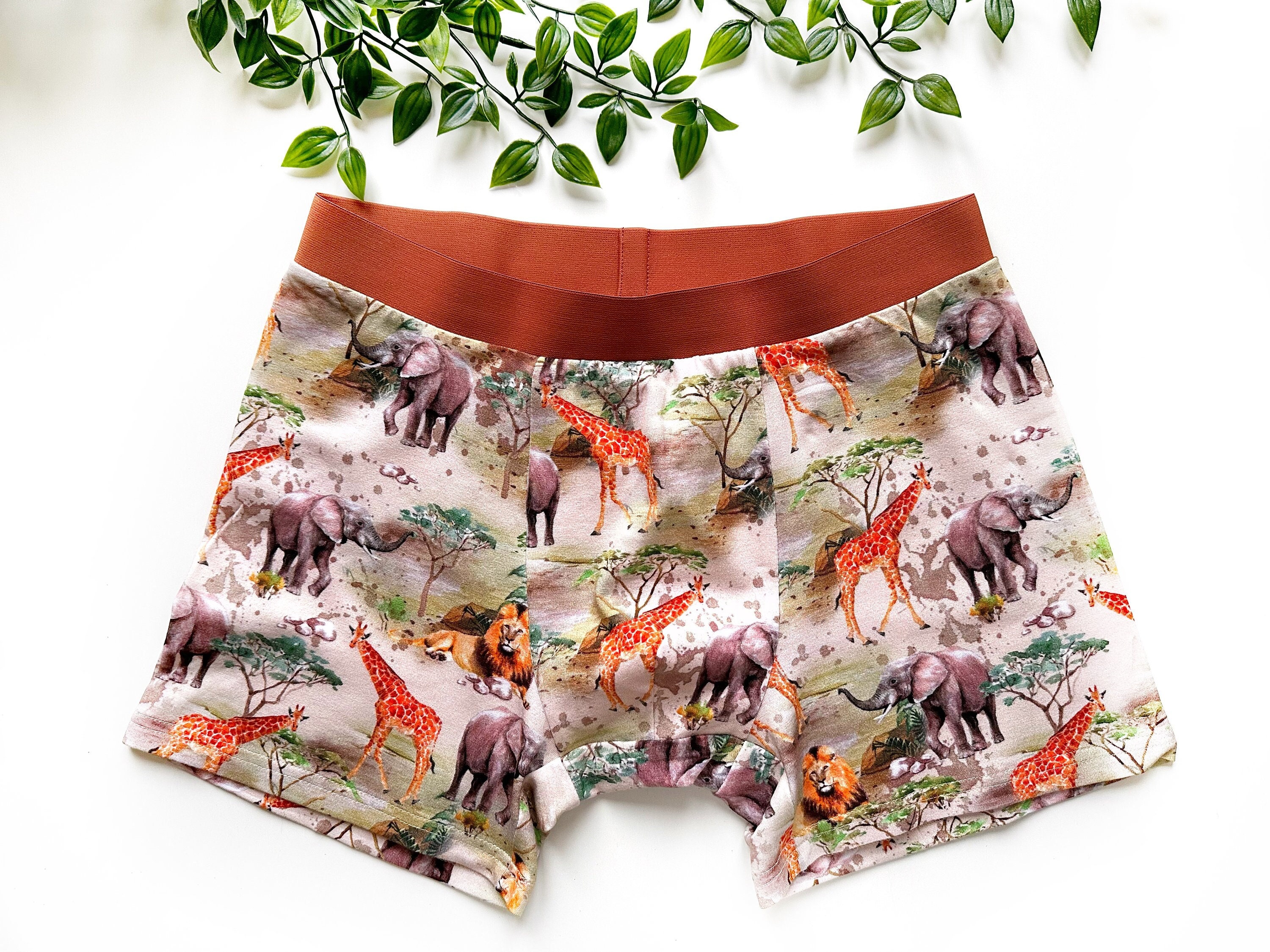 Safari Boxer Briefs, Jungle Print Cotton Underwear for Him, Lion, Giraffe  and Elephant Print Briefs for Men, Brown Cotton Underwear for Him 