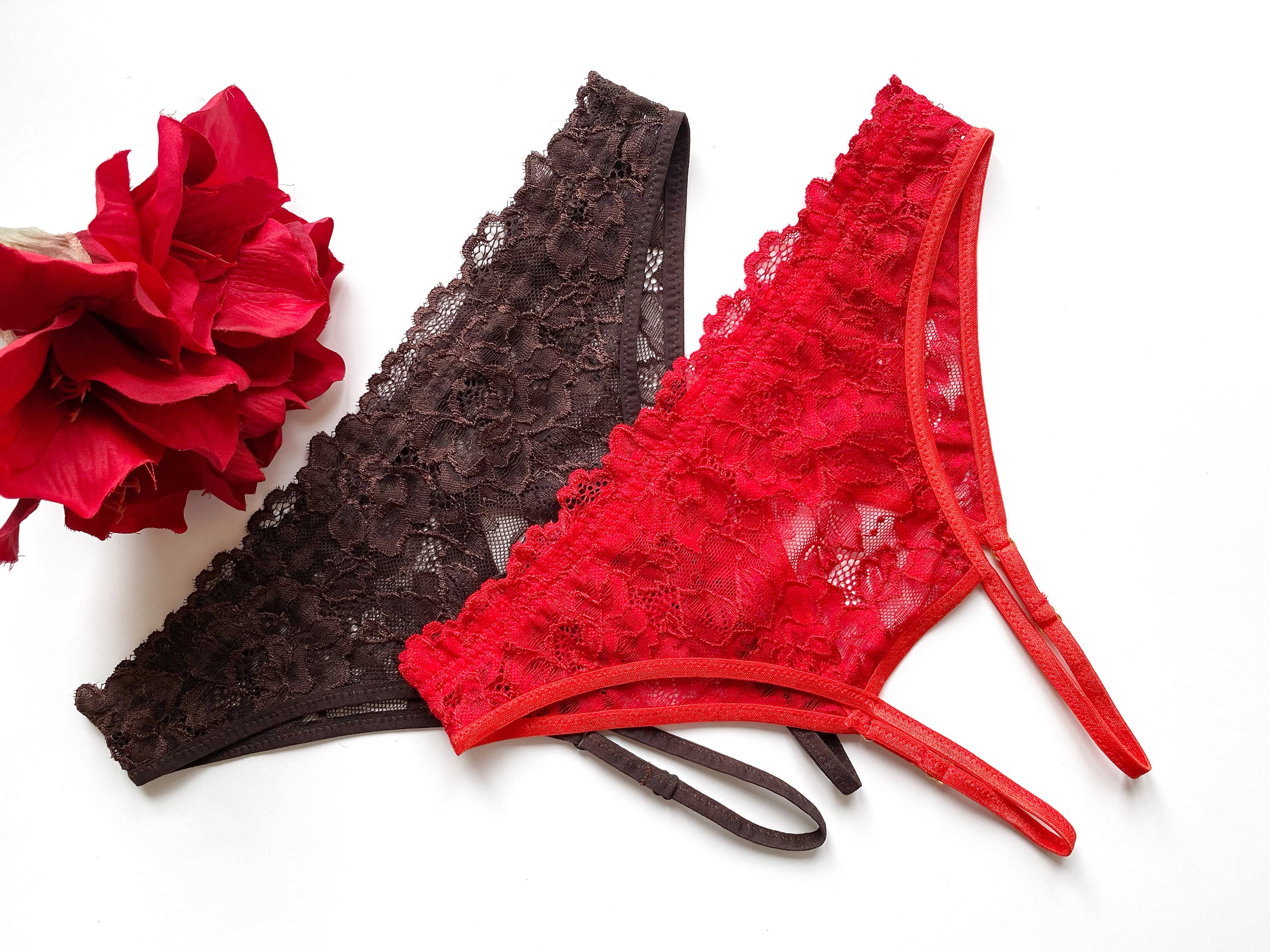 Sexy French Romance Crotchless Red Lace Panties For Women Open