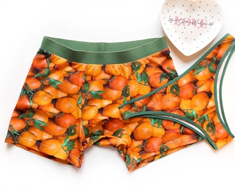 Couple matching underwear with oranges, Juicy panties and boxer briefs for a couple, Handmade cotton underwear with oranges,  Matching set