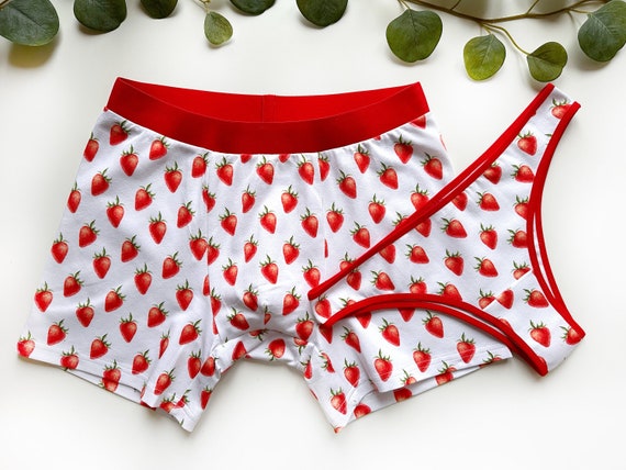 Strawberry Print Matching Briefs for Couple, Valentines Day Gift Idea,  Cotton Couple Matching Underwear, Berry Panties and Briefs, Cute Gift -   Denmark