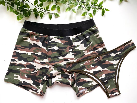 Matching Couple Underwear With Military Print, Khaki Cotton Underwear,  Couple Matching Briefs, Panties and Boxers Camouflage Military Print 