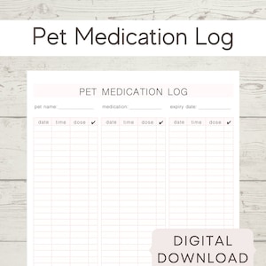 Pet Medication Log, Printable Pet Care, Medication Record, Digital Pet Record