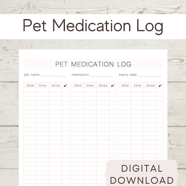 Pet Medication Log, Printable Pet Care, Medication Record, Digital Pet Record