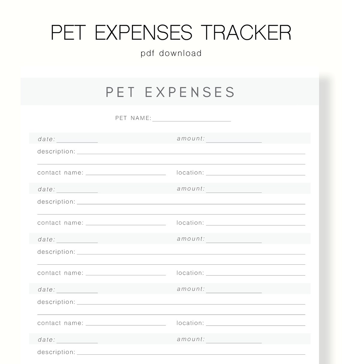 Pet Finance, Pet Budget Printable, Digital Pet Expenses Tracker, Budget