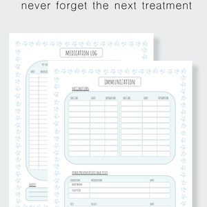 May include: A printable pet medical log with sections for medication, immunisations, and other preventative care. The log includes spaces to record dates, medications, vaccines, and test results.