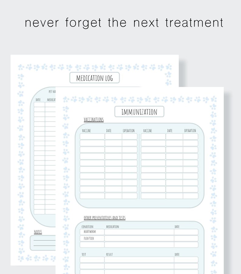 May include: A printable pet medical log with sections for medication, immunisations, and other preventative care. The log includes spaces to record dates, medications, vaccines, and test results.