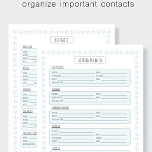 May include: A printable checklist for organising important pet care contacts. The checklist includes sections for dog sitter, kennel, groomer, dog walker, emergency contacts, veterinarian, pharmacy, emergency hospital, and specialist.