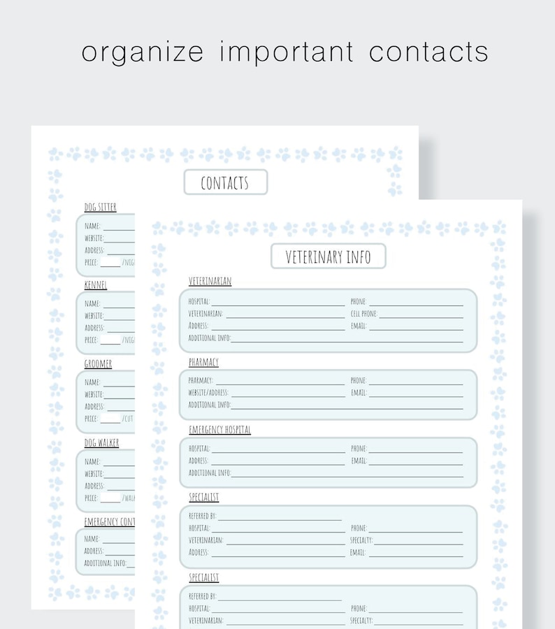 May include: A printable checklist for organising important pet care contacts. The checklist includes sections for dog sitter, kennel, groomer, dog walker, emergency contacts, veterinarian, pharmacy, emergency hospital, and specialist.