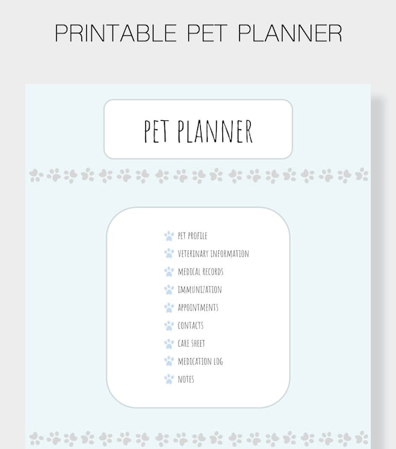 Printable Pet Care Planner - Pet Records Binder, Pet Medication Log, Vet Info, Pet Care Sheets - Instant Download
