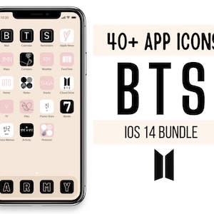 May include: A set of 40+ app icons for iOS 14, featuring a black and white theme with pink accents. The icons are designed with the popular K-pop group BTS in mind, with the group's logo and member names featured prominently. The icons are arranged in a grid on a phone screen, with the words "BTS" and "ARMY" displayed at the bottom.