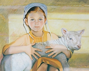 Amish Girl Holding Lamb, Painting, FAITH - Vintage Nancy Noel Art Print, Amish Art - 13"H x 16.5"W