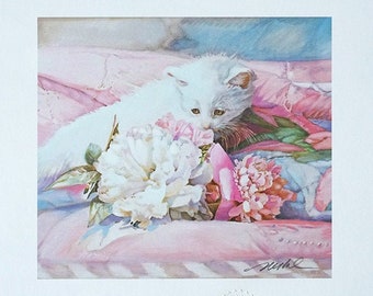 KITTEN - Vintage Nancy Noel Art Print, French Country Farmhouse, Cat Oil Painting - 8"H x 9"W