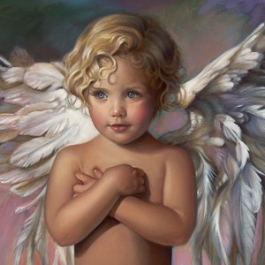 GRACE - Angel Girl, Angel Wings, Oil Painting, Vintage Nancy Noel Art Print - 13"H x 18"W