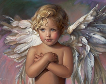 GRACE - Angel Girl, Angel Wings, Oil Painting, Vintage Nancy Noel Art Print - 13"H x 18"W