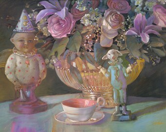 Anyone For Tea - Floral Oil Painting, Nancy Noel Art Print, Paper or Canvas Giclée, Pink Flowers