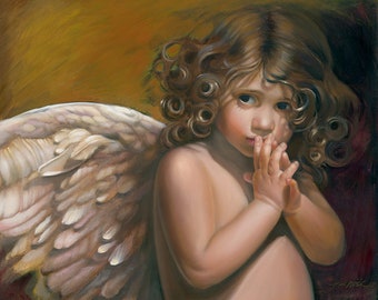 Angel Painting, Angel Wings, Oil Painting, Vintage Nancy Noel Art Print - 15.5"H x 18.5"W