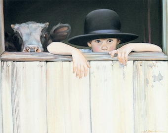 Amish Boy and Calf - Oil Painting, Vintage Nancy Noel Art Print, Amish Art - 16"H x 20.5"W