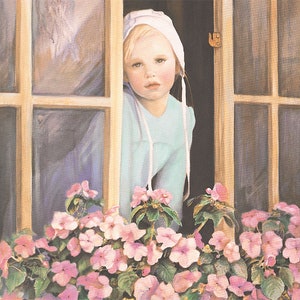 Niña Amish mirando por la ventana, impaciente, pintura al óleo, impresión artística vintage de Nancy Noel, 15" de alto x 15" de ancho