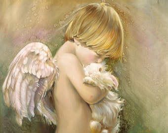 Angel Boy Hugging Bunny, Vintage Nancy Noel Art Print - 13"H x 15.5"W