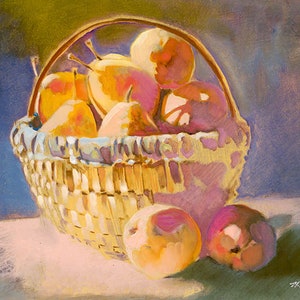 Antique Basket With Pears - Still Life Oil Painting, Nancy Noel Art Print, Paper or Canvas Giclée, Fruit