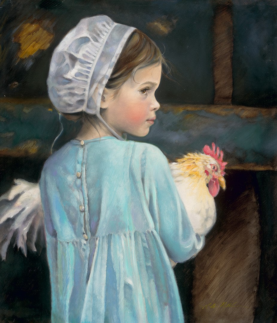 Niña Amish sosteniendo un gallo, pintura al óleo, impresión artística vintage de Nancy Noel, arte Amish - 15,5" de alto x 13,5" de ancho