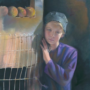 Amish Girl, Peaches, Oil Painting, Vintage Nancy Noel Art Print, Amish Art - 15&quot;H x 15&quot;W