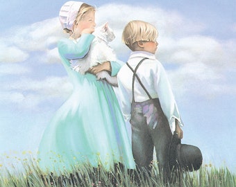 Amish Children, Oil Painting, Vintage Nancy Noel Art Print, Amish Art - 18"H x 20"W