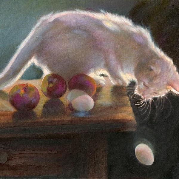 MISCHIEF - Pintura al óleo de gato, Vintage Nancy Noel Art Print - 13"H x 14"W
