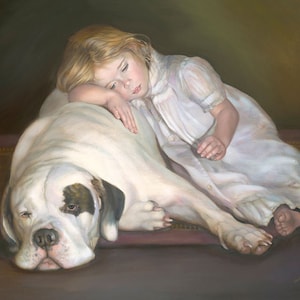 BIG DOG LULLABY - Pintura al óleo de una niña acurrucada con American Bulldog, Vintage Nancy Noel Art Print - 18"H x 22"W