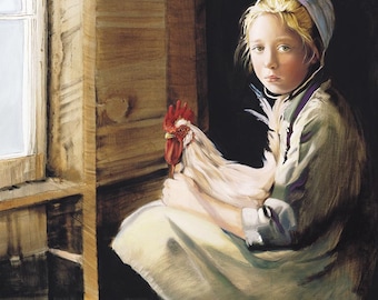 Amish Girl with Rooster, Oil Painting, Vintage Nancy Noel Art Print, Amish Art - 13"H x 12.5"W