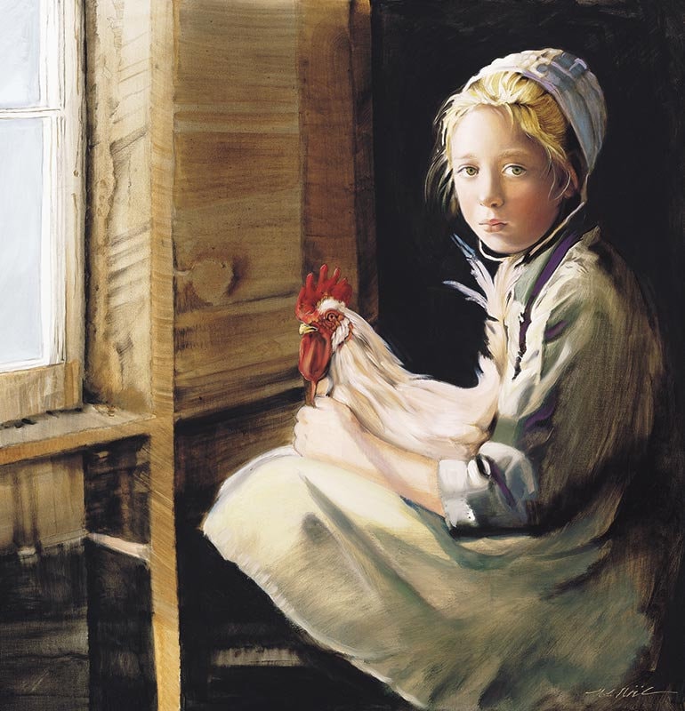 絵画+タペストリー Amish Amish Girl With Rooster, Oil Painting, Vintage Nancy Noel Art