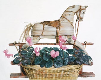 ANTIQUE ROCKING HORSE - Oil Painting, Vintage Nancy Noel Art Print - 23"H x 26"W