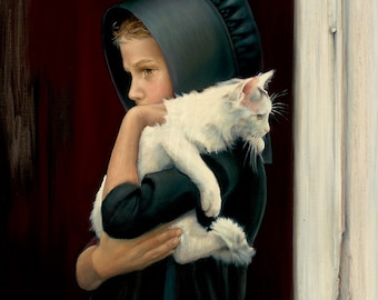 SARAH - Vintage Nancy Noel Art Print - Amish country girl holding a white cat, Oil Painting - 22"H x 19"W