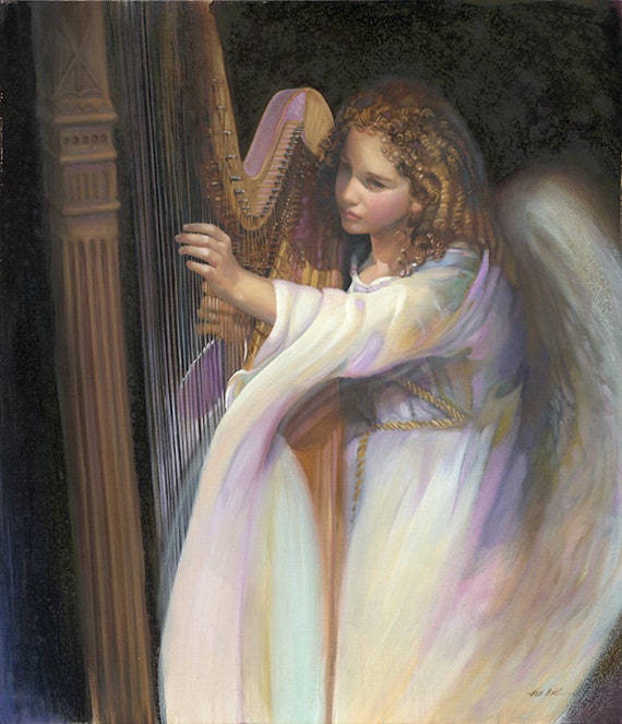 Angel With Harp Oil Painting Nancy Noel Art Print Angel - Etsy