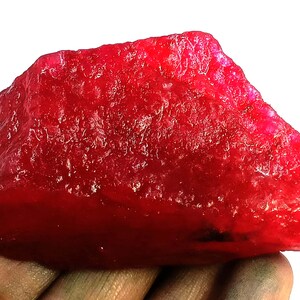 May include: A raw, uncut ruby gemstone. The ruby is a deep, saturated red color with a rough, textured surface. The gemstone is held in a hand against a white background.